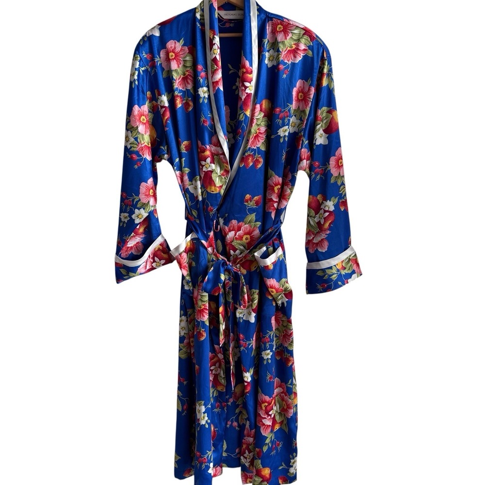 Vintage Victoria Secret Blue Floral Fruit Satin Robe Apples Womens Size M/L